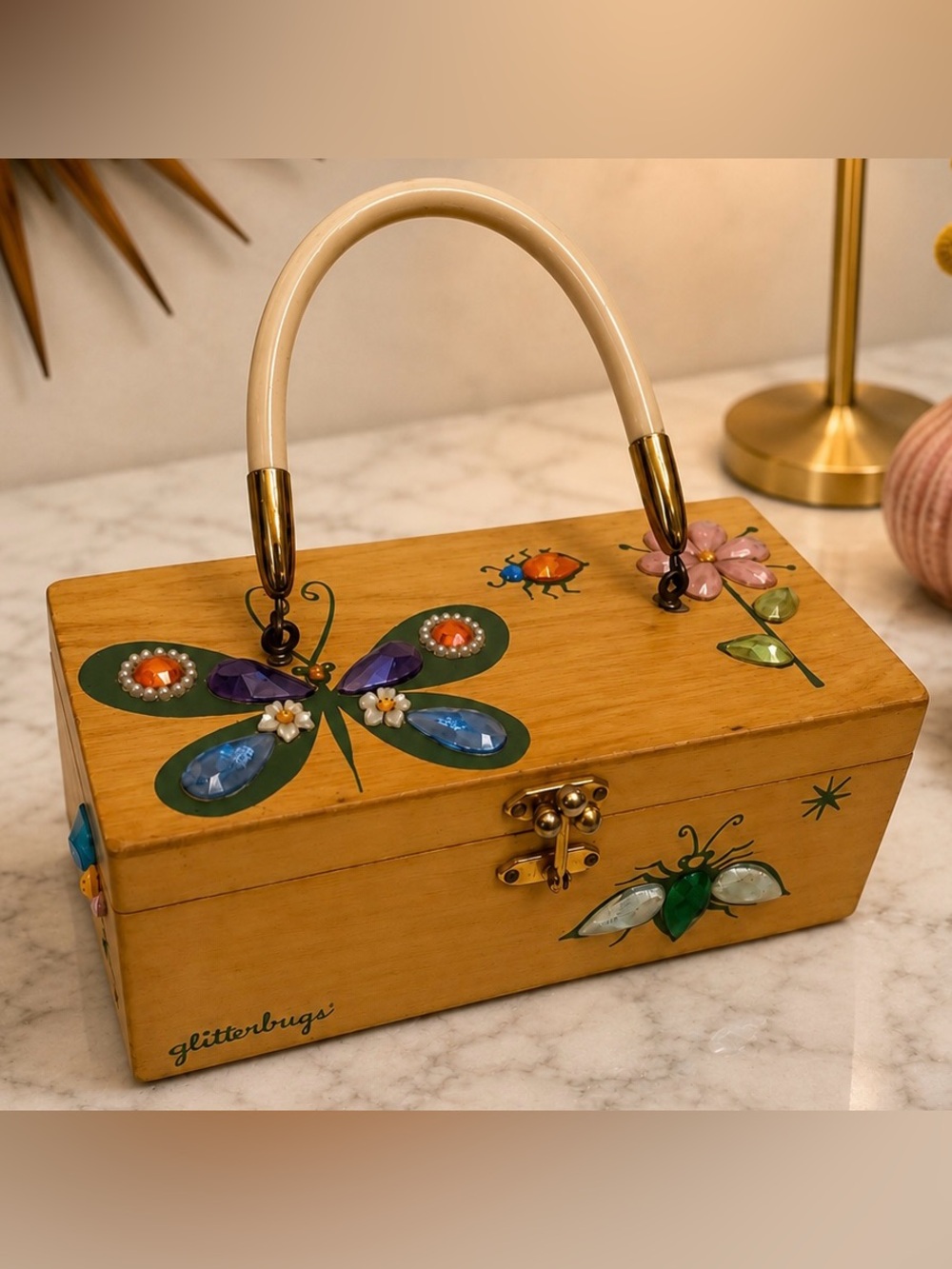 Vintage Enid Collins of Texas Glitterbugs Wood Box Bag Purse w/ Mirror